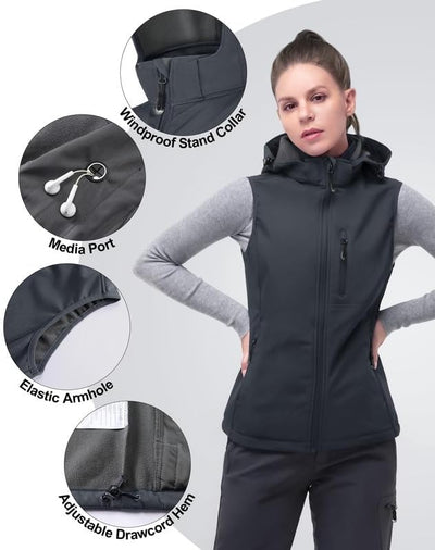 33,000ft Damen Softshell Westen mit Abnehmbare Kapuze Fleece Gefütterte Ärmellose Jacke Wasserdichte