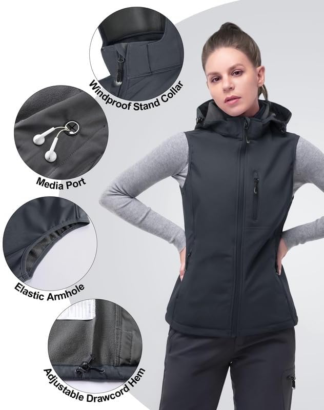 33,000ft Damen Softshell Westen mit Abnehmbare Kapuze Fleece Gefütterte Ärmellose Jacke Wasserdichte