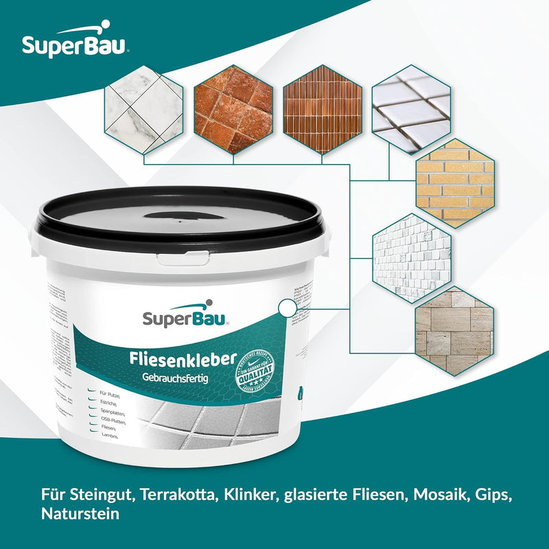 SuperBau Gebrauchsfertiger Kleber - Dispersionskleber für Fliesen - Flexmörtel Weiss für Terrakotta