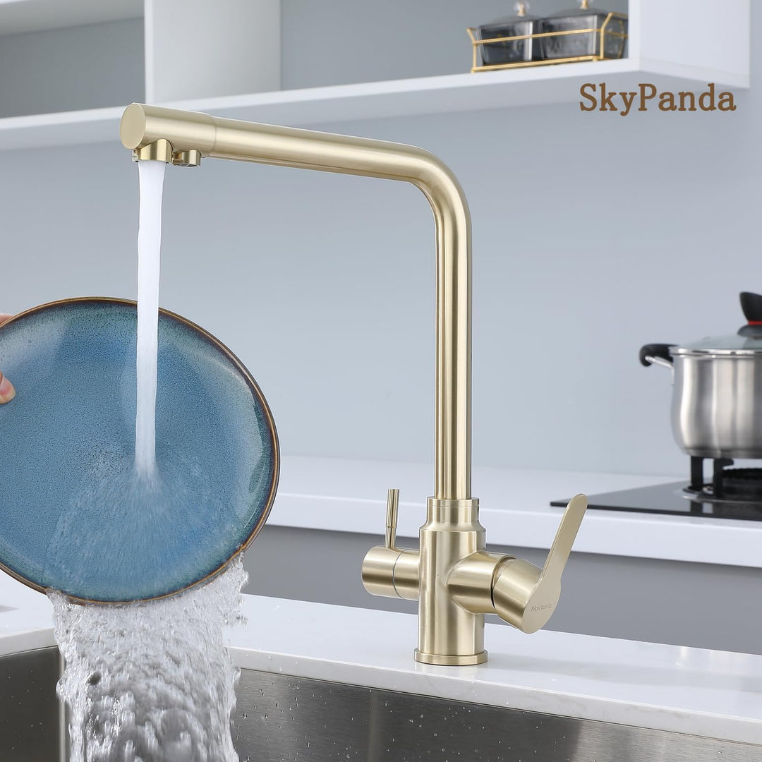 SkyPanda 3 Wege Küchenarmatur, Gold Trinkwasser Küchenarmatur mit Doppelhebel, Durchdringung 3-in-1,