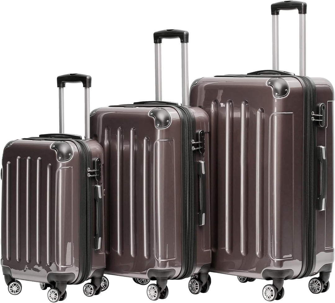 BEIBYE- 3er Kofferset Hartschalen-Koffer Reisekoffer Trolley Rollkoffer Set Reisekofferset (Coffee),