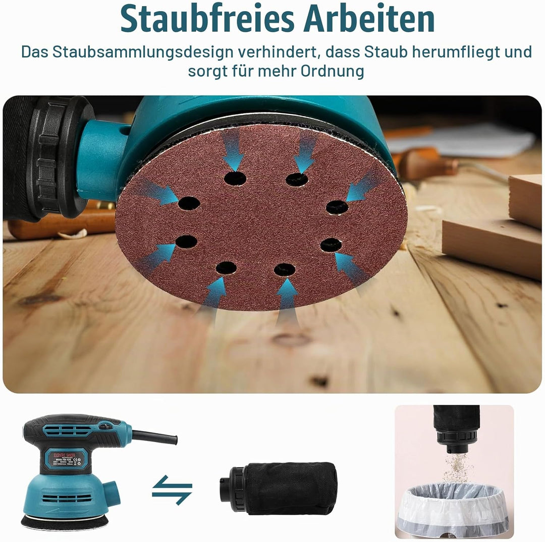 Exzenterschleifer 300W, 6 Geschwindigkeiten 12.000 U/min, Staubsammeldesign, 125mm Eccentric Sander