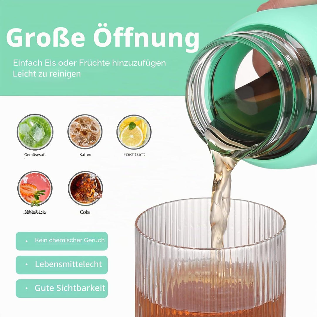 BLUEGO 700ml Trinkflasche Glas mit Strohhalm und Griff Auslaufsichere Wasserflasche mit Silikonhülle