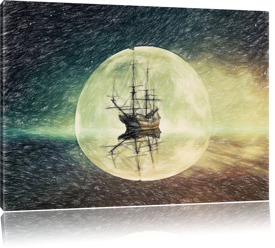 Pixxprint Geisterschiff im Weltall / 100x70cm Leinwandbild bespannt auf Holzrahmen/Wandbild Kunstdru