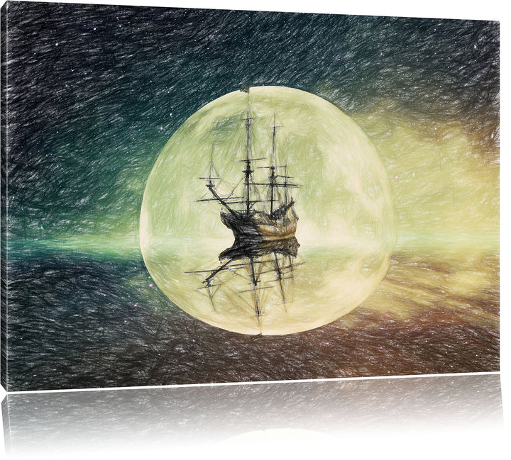 Pixxprint Geisterschiff im Weltall / 100x70cm Leinwandbild bespannt auf Holzrahmen/Wandbild Kunstdru