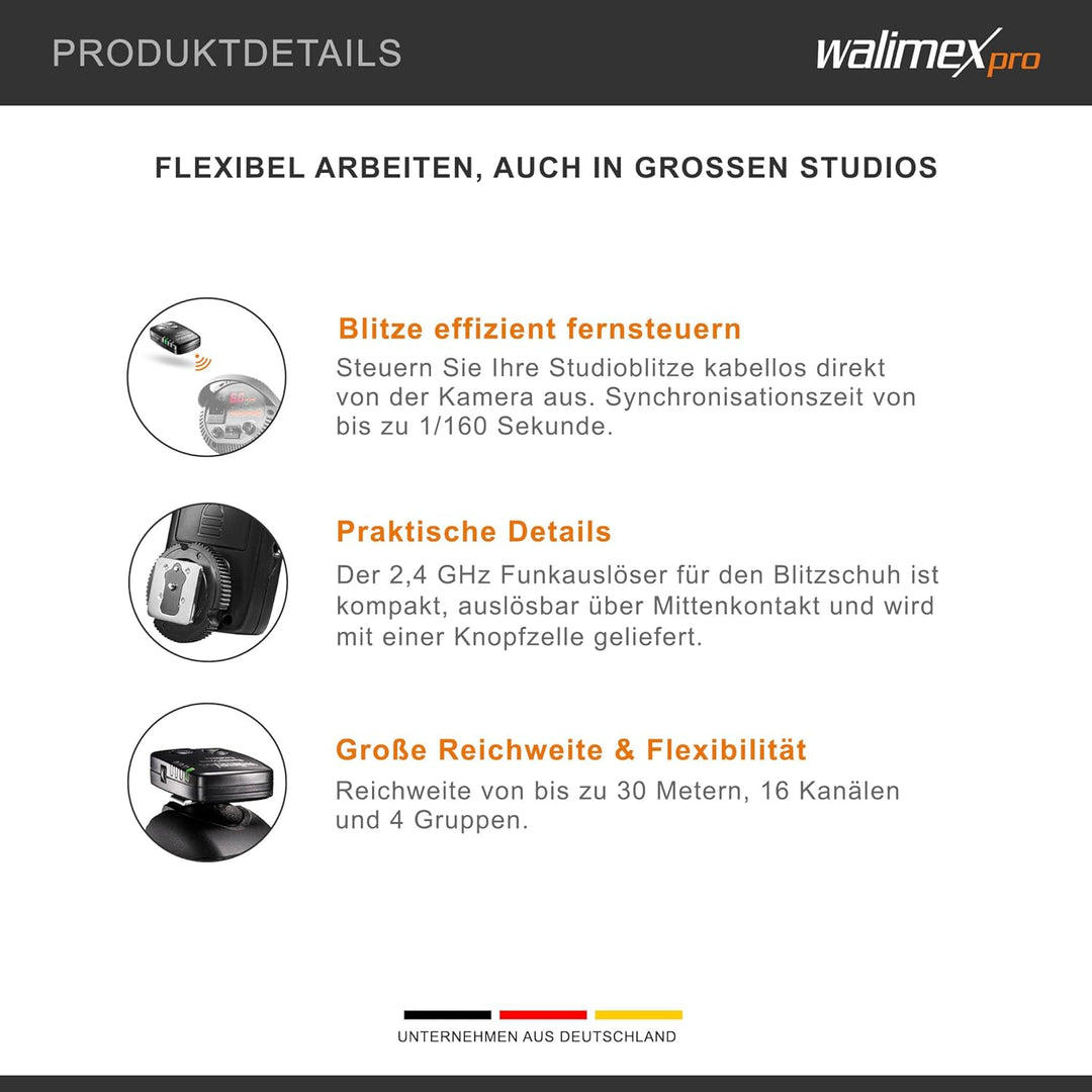 Walimex pro VE &amp; VC &amp; Newcomer Studioblitz Auslöser - Kabellose Fernsteuerung bis zu 30 m, 16 Kanäle