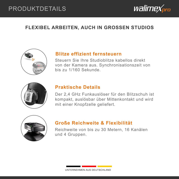 Walimex pro VE &amp; VC &amp; Newcomer Studioblitz Auslöser - Kabellose Fernsteuerung bis zu 30 m, 16 Kanäle