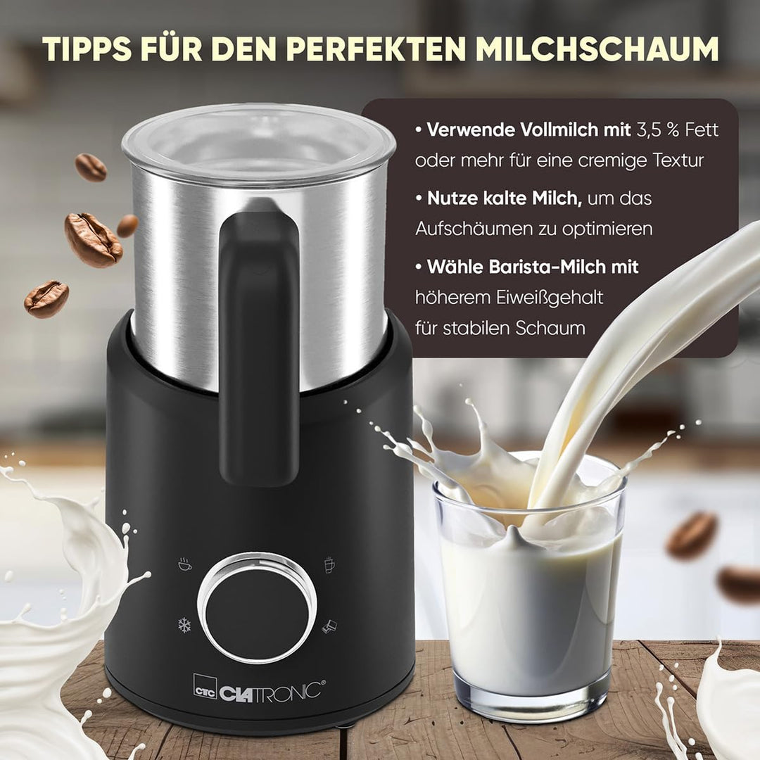 Clatronic® Milchaufschäumer elektrisch | mit Heizfunktion | warmer und kalter Schaum | für dichten,