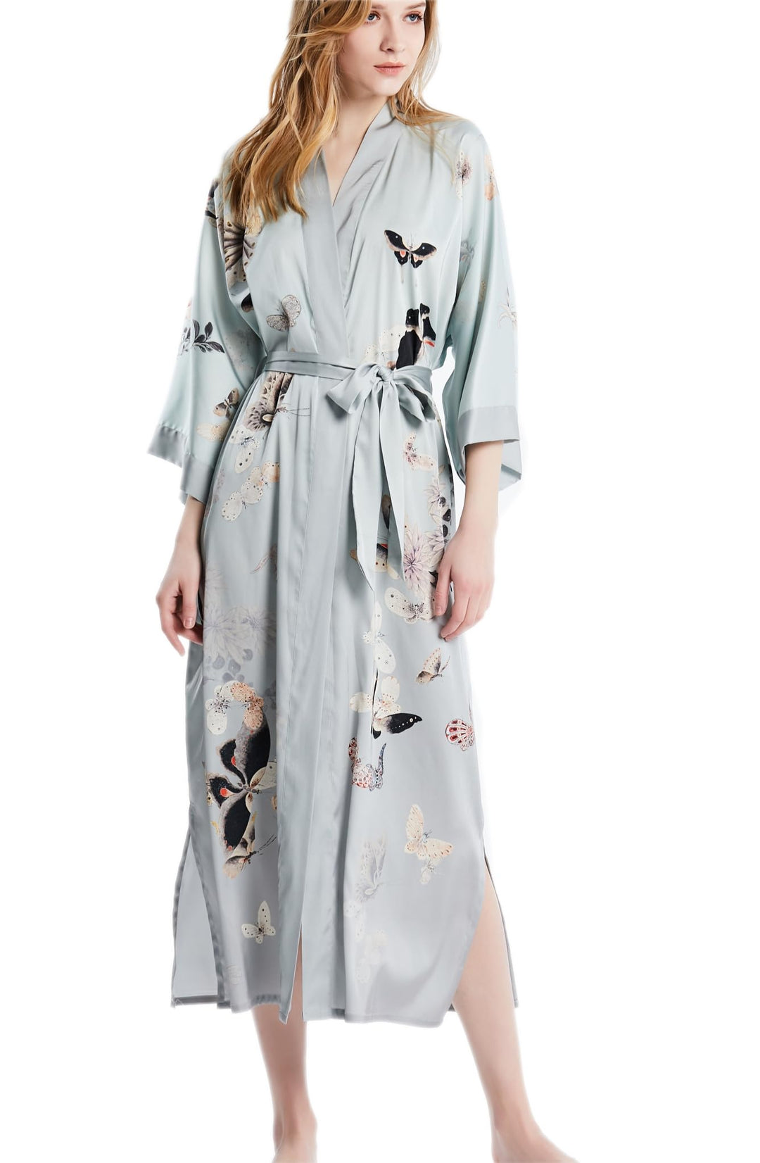 Prettystern Damen Boden-lang 100% Seide Satin Seidenmantel Kimono Morgenmantel Nachtkleid Yukata Rob