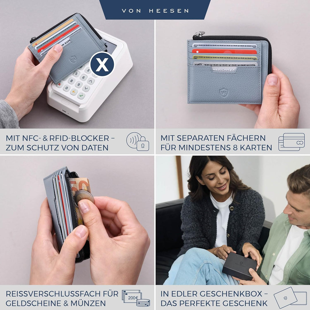 VON HEESEN Leder Kartenetui Geldbörse Herren & Damen Kreditkartenetui (Medium, Hellblau) Hellblau 02
