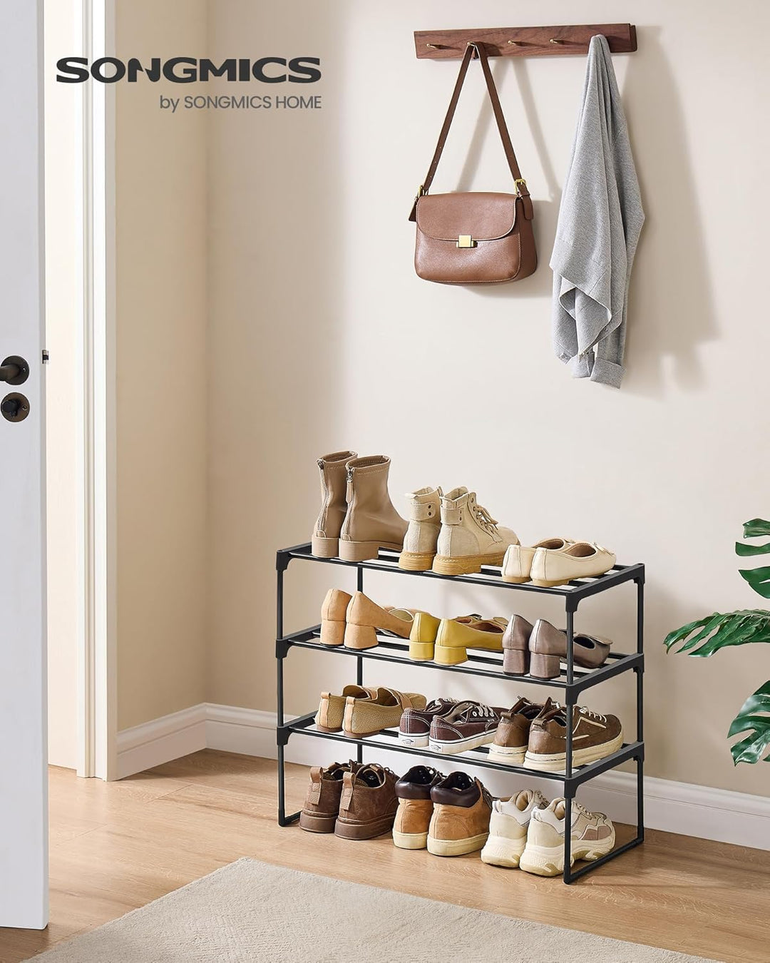SONGMICS Schuhregal 3 Ebenen, Schuhständer Metall, Schuhaufbewahrung, Schuh-Organizer, aufrecht oder