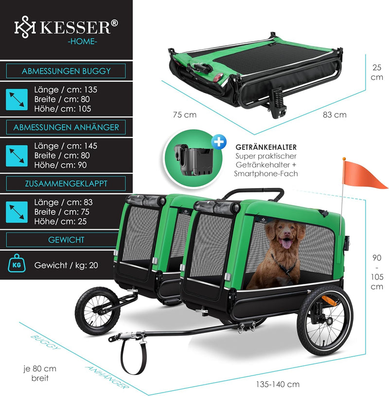 KESSER® Hundeanhänger Boxer 3-in-1 Hundebugg & Jogger Fahrradanhänger gross ca. 240 Liter Volumen, g