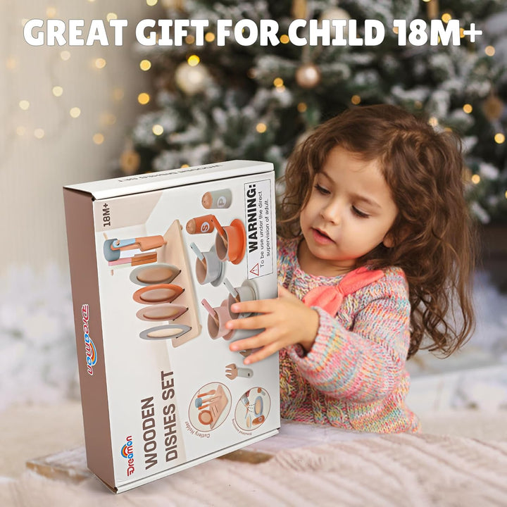 Dreamon Kinderküche Zubehör Teeservice Kinder Holz, 27 PCS Puppengeschirr Kinderküche Spielküche Zub