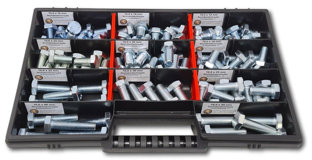 Sechskantschrauben Sortiment M10 // 12mm-45mm 90 tlg. Schraubenbox DIN 933 Vollgewindeschrauben Masc