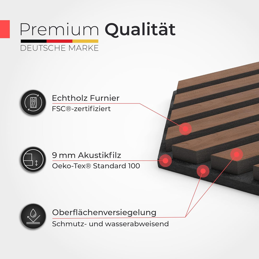Akustikpaneele Holz selbstklebend – 9er-Set | Echtholz Walnuss & Akustikfilz Schwarz | Hexagon 30x26
