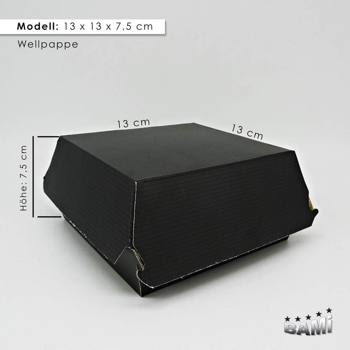 100 Hamburgerboxen Burgerboxen Take-Away Boxen, Schwarz aus Wellpappe, 13x13x7,5cm, EXTRA STABIL