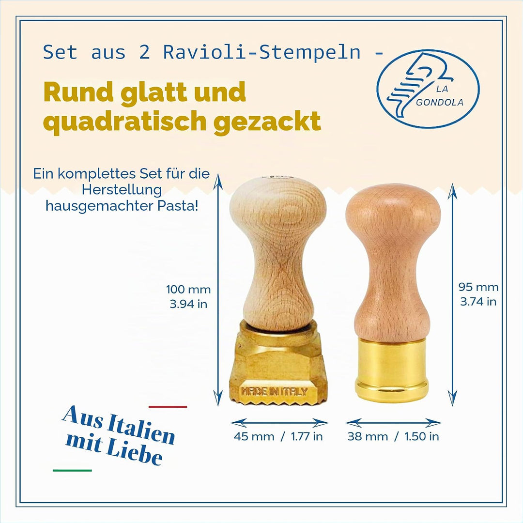 La Gondola Set mit 2 Hausgemachten Ravioli-Stempeln - Rund Glatt 38mm & Quadratisch Gewellt 45x45mm