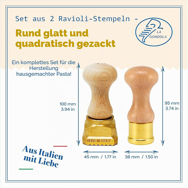 La Gondola Set mit 2 Hausgemachten Ravioli-Stempeln - Rund Glatt 38mm & Quadratisch Gewellt 45x45mm