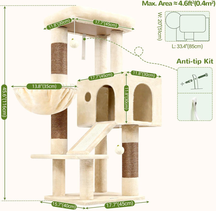 Globlazer Kratzbaum Beige Stabil mit 8 cm Dicker Stämme, Gross Katzenhaus, Gepolsterte Plattform, Ve