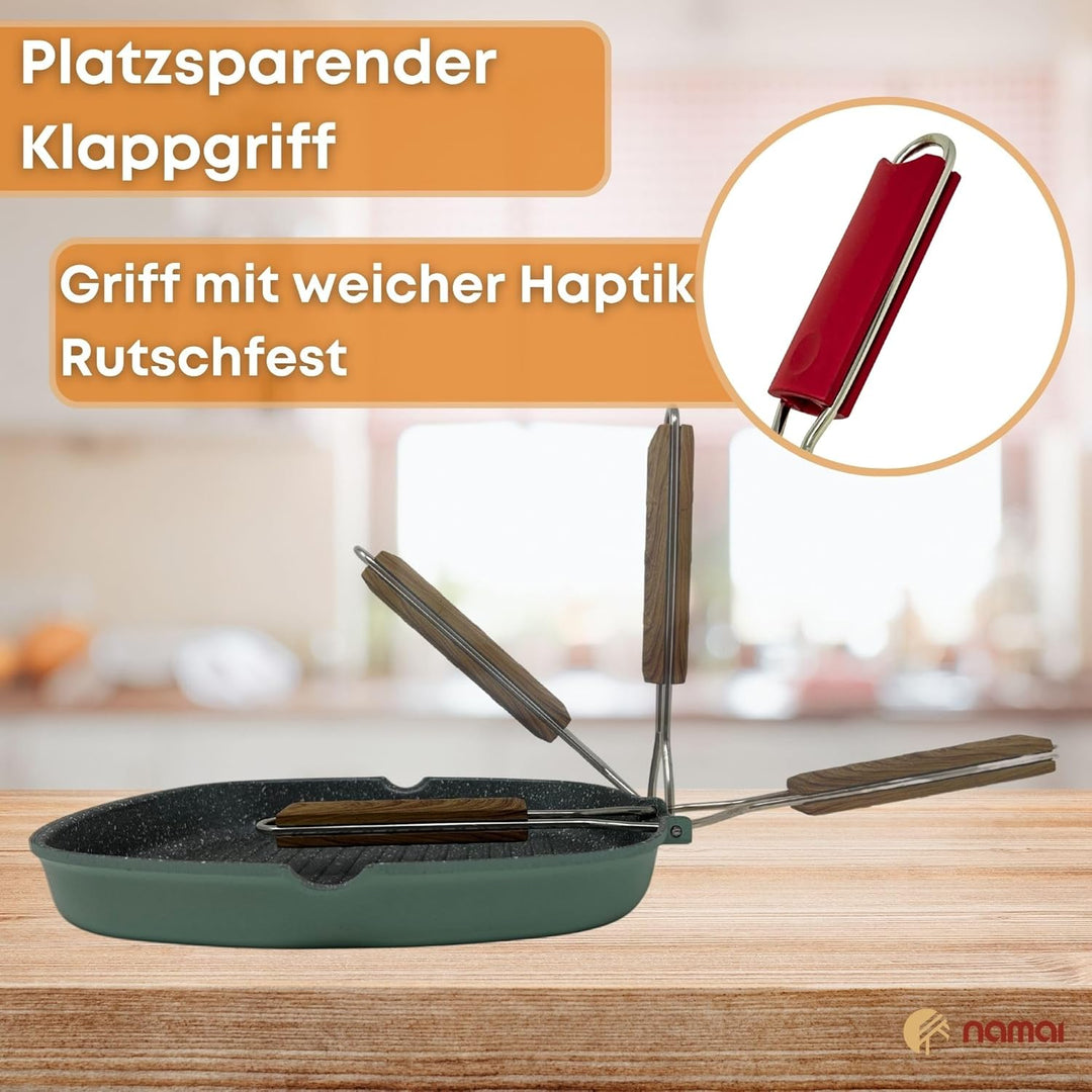 NAMAI - Grillpfanne mit Induktion, klappbarer Griff, platzsparend, 36 cm x 24 cm, antihaftbeschichte