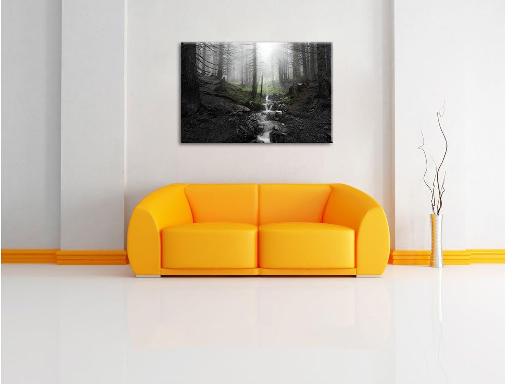 Bach im Wald B&W Detail, Format: 100x70 auf Leinwand, XXL riesige Bilder fertig gerahmt mit Keilrahm