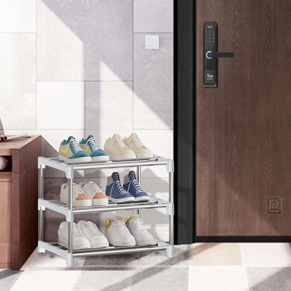 Kleines Schuhregal, stapelbares Schuhregal, 3 Etagen, Fussraumaufbewahrung, leichtes Schuhregal, Auf