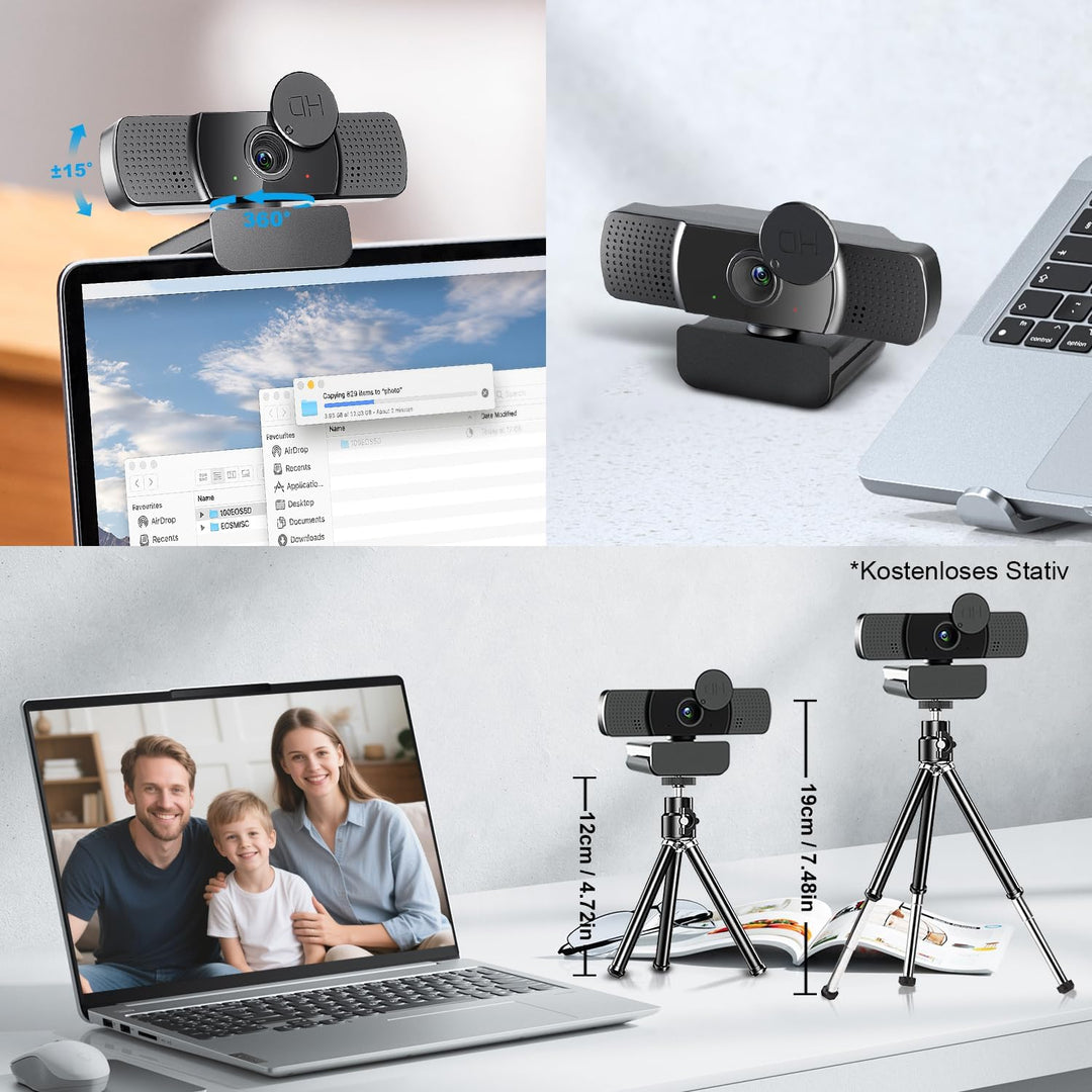2K Full HD Webcam, Neefeaer USB Webcam mit Mikrofon und Abdeckung und Stativ, 85 Stichtfeld, Automat