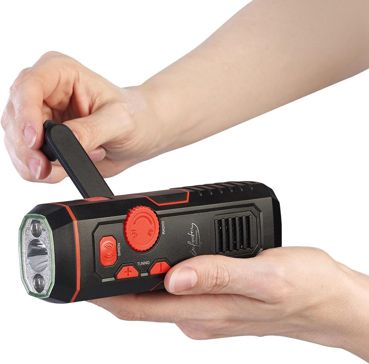 infactory Radio mit Kurbel: Dynamo-FM-Radio und Taschenlampe mit 120-dB-Sirene, USB-Ladefunktion (So