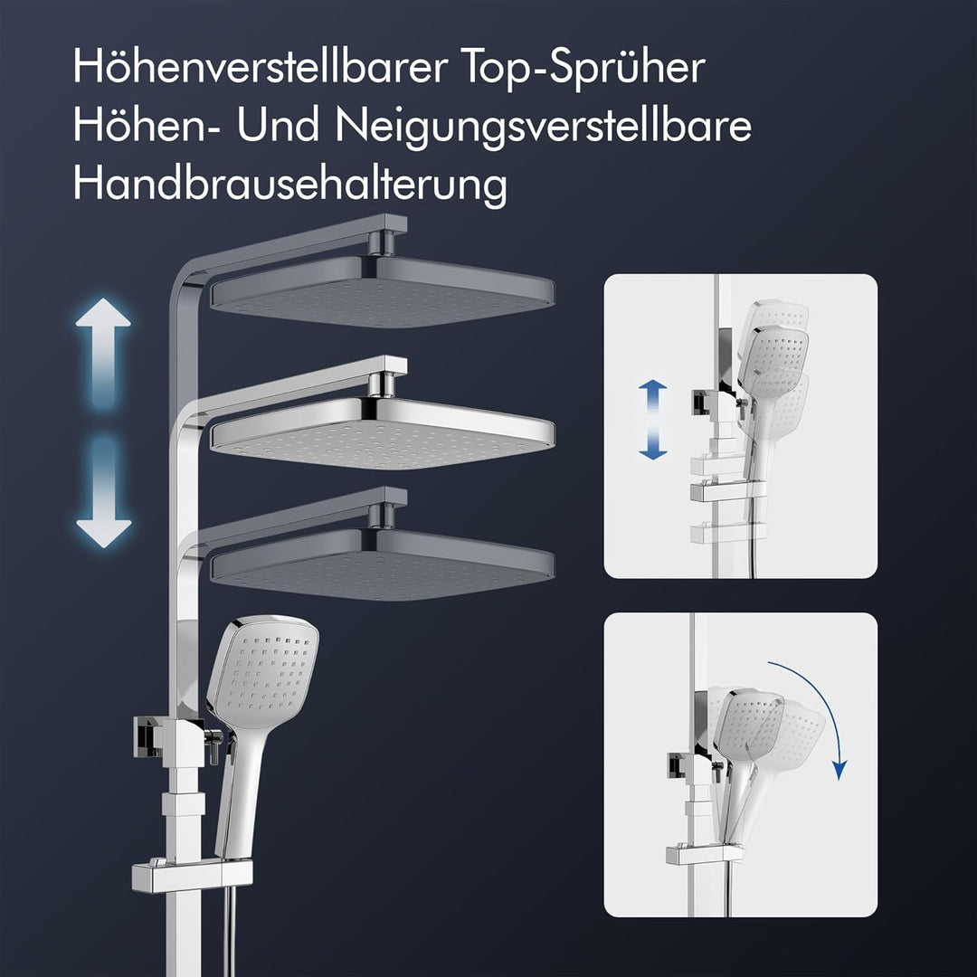 HOMELODY Duschsystem mit Thermostat & Duschablage Chrom - Duscharmatur Komplettset mit Handbrause &