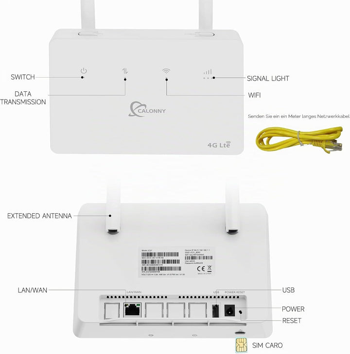 Calonny Router 4G LTE WiFi mit SIM Cat4 300mbit/s Wireless Modem, LAN/WAN -Port, ohne Konfiguration,