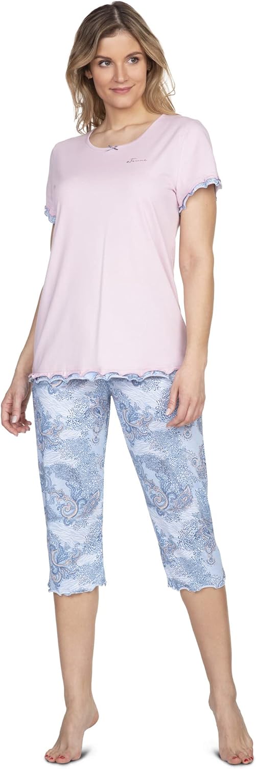 e.FEMME Damen Schlafanzug Marion 310, Kurzarm, aus 50% Baumwolle und 50% Modal 36 Altrosa/Druck, 36