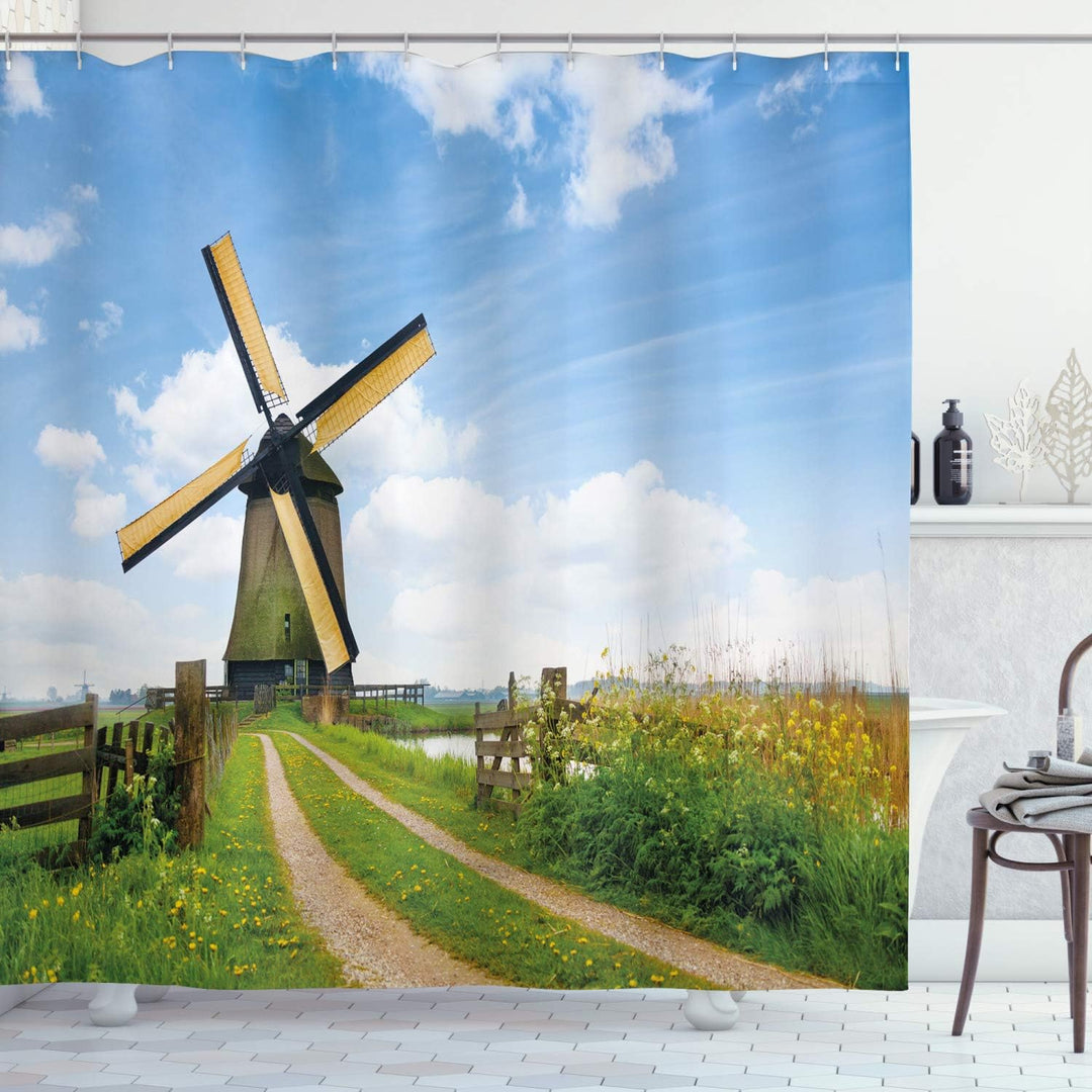 ABAKUHAUS Windmühle Duschvorhang, Holland im Frühjahr, Stoffliches Gewebe Badezimmerdekorationsset m