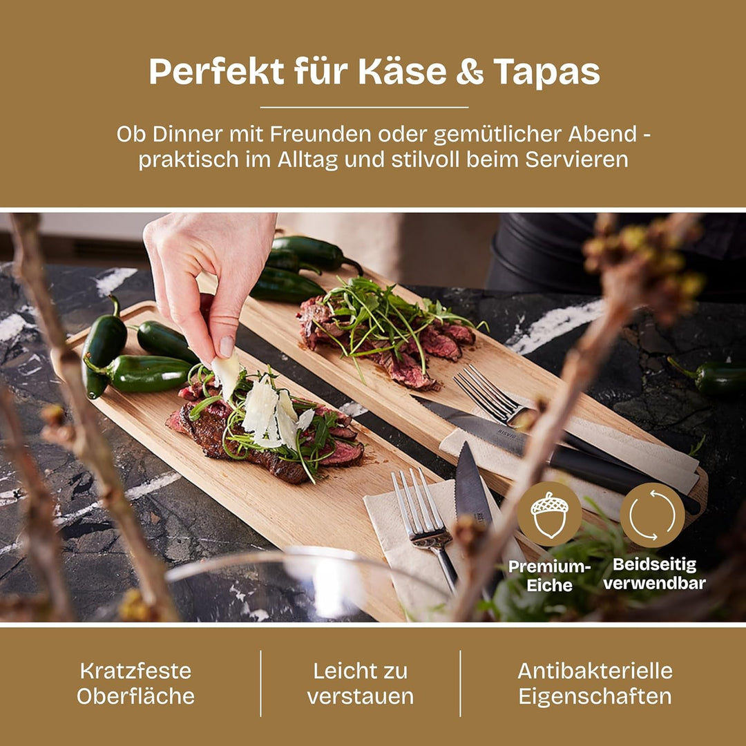 Quaarc Tapas Servierbrett (54x18 cm) – Premium Eiche Servierplatte für Antipasti, Käse & Snacks – Er