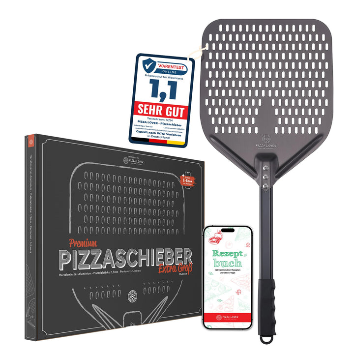 Pizza Lover® hochwertiger Pizzaschieber perforiert 35 x 35 cm Pizzaschaufel aus harteloxiertem Alumi