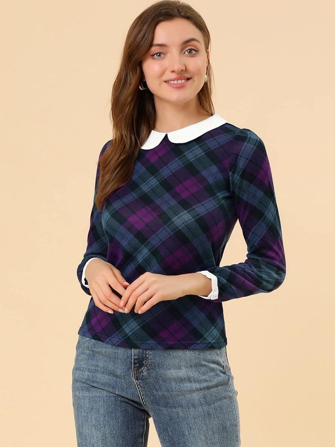 Allegra K Damen Bubikragen Bluse Oberteil Langarm Panel Elegant Kariert Shirt S Lila, S Lila