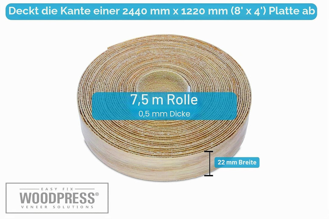 22mm Eiche Echtholz-Kantenumleimer zum Aufbügeln 7,5m | Echtholz-Kantenumleimer mit Schmelzkleber, p
