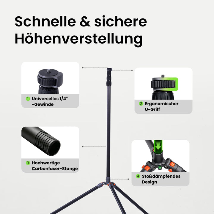 XbotGo NT4 PRO Carbonfaser-Kamerastativ 3,9m – Höhenverstellbar & faltbar mit Tragetasche, luftgedäm