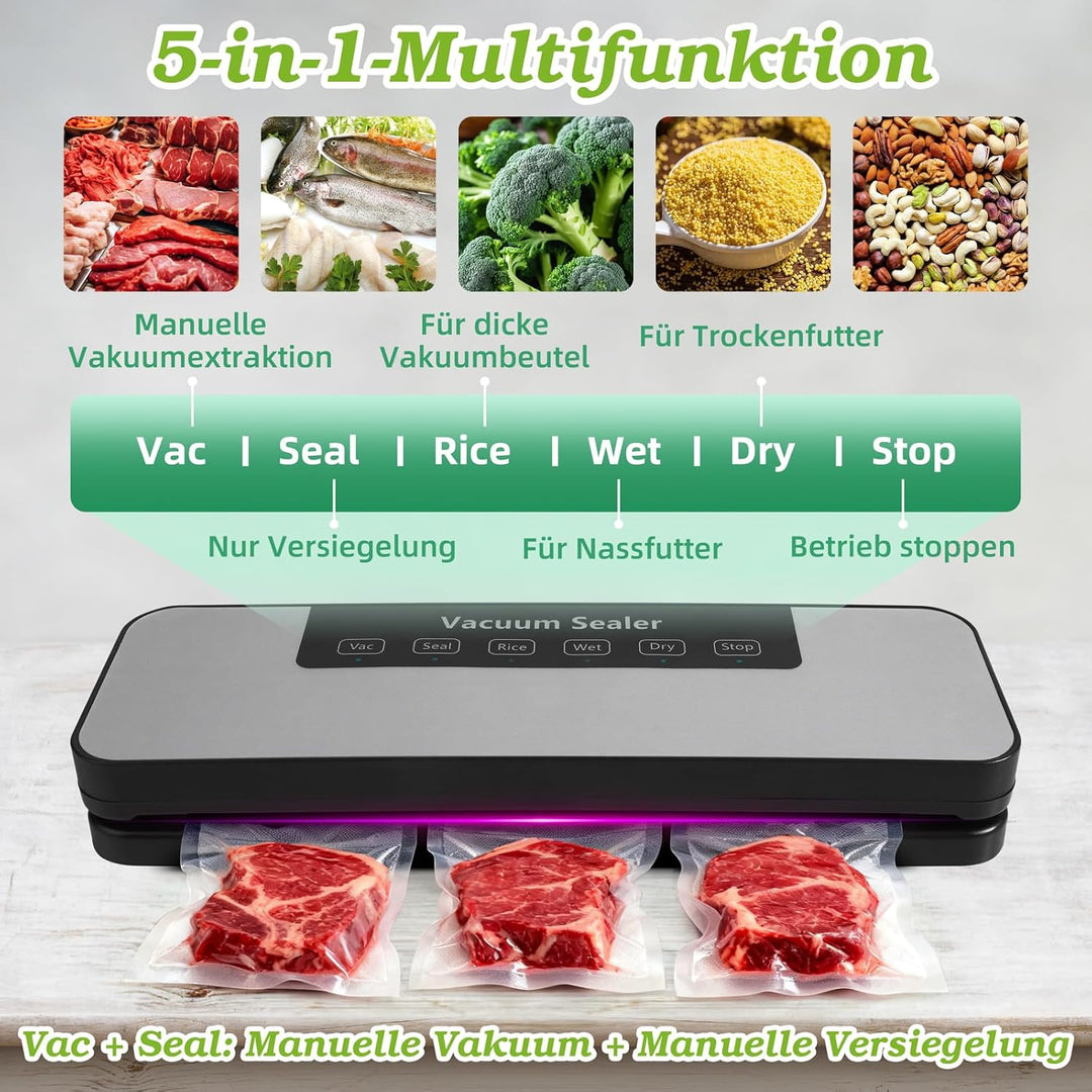 Vakuumiergerät für Trockene und Feuchte Lebensmittel: Vakuumierer 5 in 1 mit 50 Vakuumierbeutel, Vak