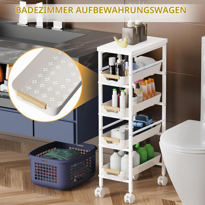 DROMEZ Rollwagen Schmal, 20cm küchenwagen Metall mit 5 Ebenen, Weiss - Nischenwagen auf Rollen mit 4
