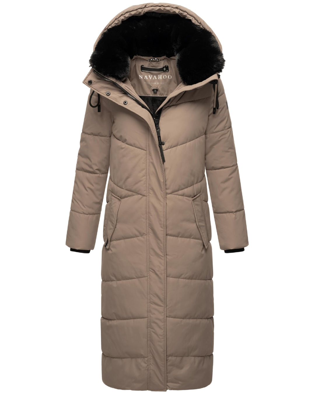 Navahoo Damen Wintermantel Steppmantel extralang mit abnehmbarer Kapuze Hingucker XIV XS-XXL L Taupe