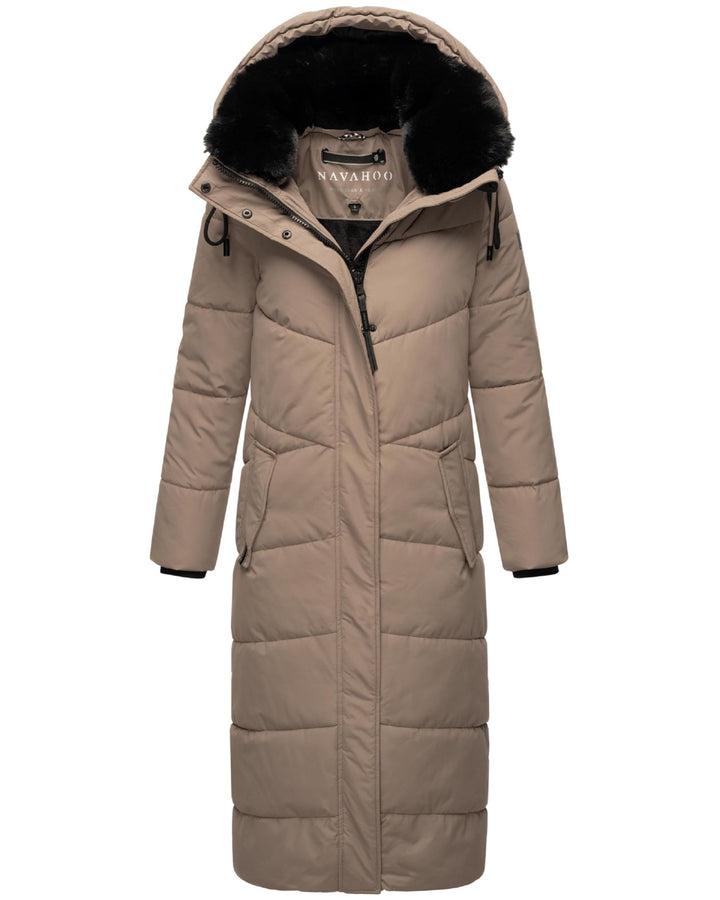 Navahoo Damen Wintermantel Steppmantel extralang mit abnehmbarer Kapuze Hingucker XIV XS-XXL L Taupe
