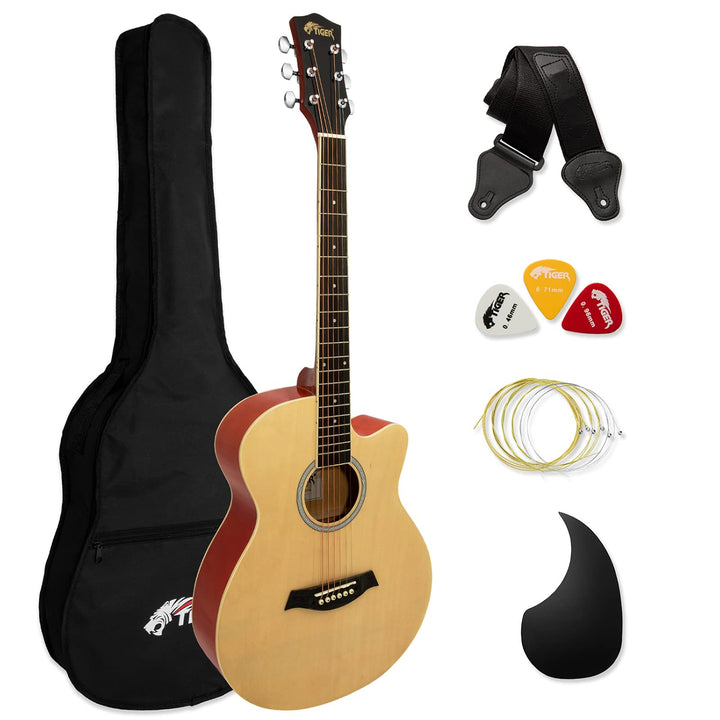 TIGER Akustikgitarre für Anfänger - Natürlich, 4/4, ACG3-NT Natural Volle Grösse Cutaway Single, Nat