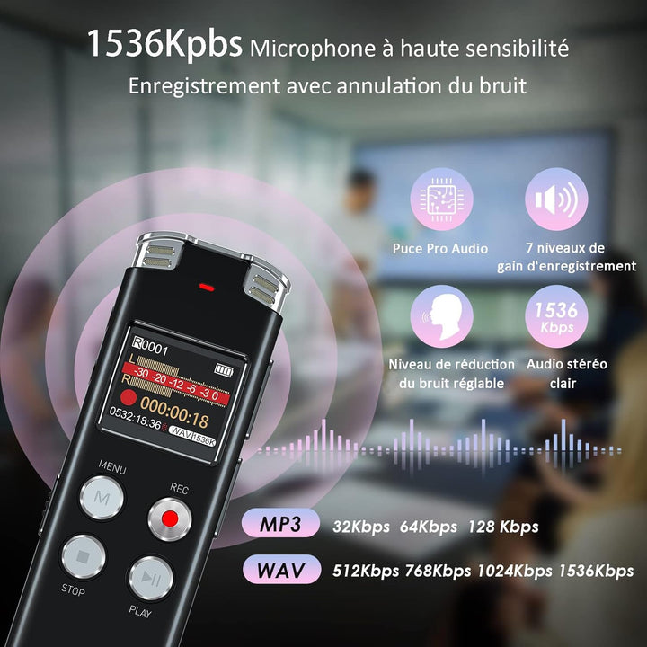EVISTR Digitaler Voice-Recorder, 128 GB – Tonaufnahmegerät mit Sprachsteuerung und Geräuschreduzieru