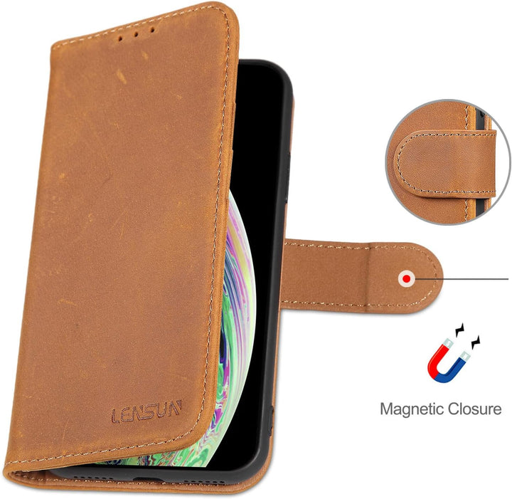 LENSUN Echtleder Hülle für iPhone XS, iPhone X Handyhülle [Echtes Leder][Magnetverschluss][RFID Schu