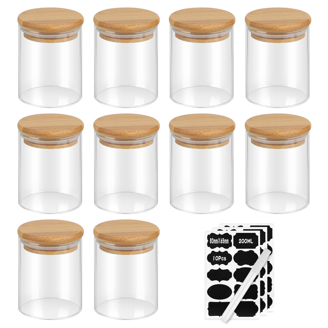 efuturetime 10stk. 200ml Vorratsgläser Glas Rund, φ6.5 * 8.8cm, Vorratsdosen Glas mit Bambusdeckel L