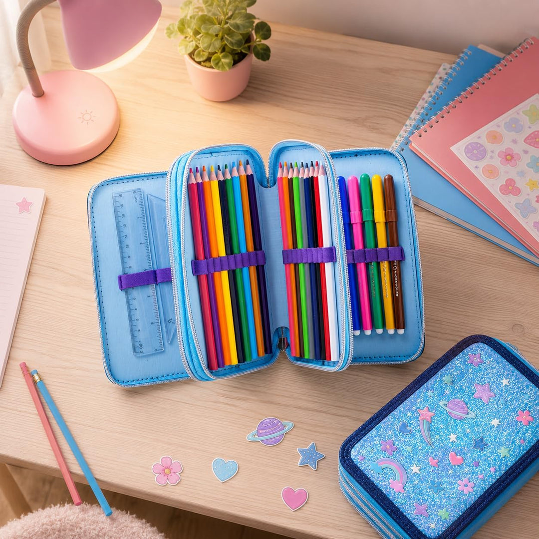 Stitch &amp; Angel 3D-Glitzer-Etui (2026–2027) mit 3 Reissverschlüssen – Luxuriöses Mäppchen mit 3 Fäche