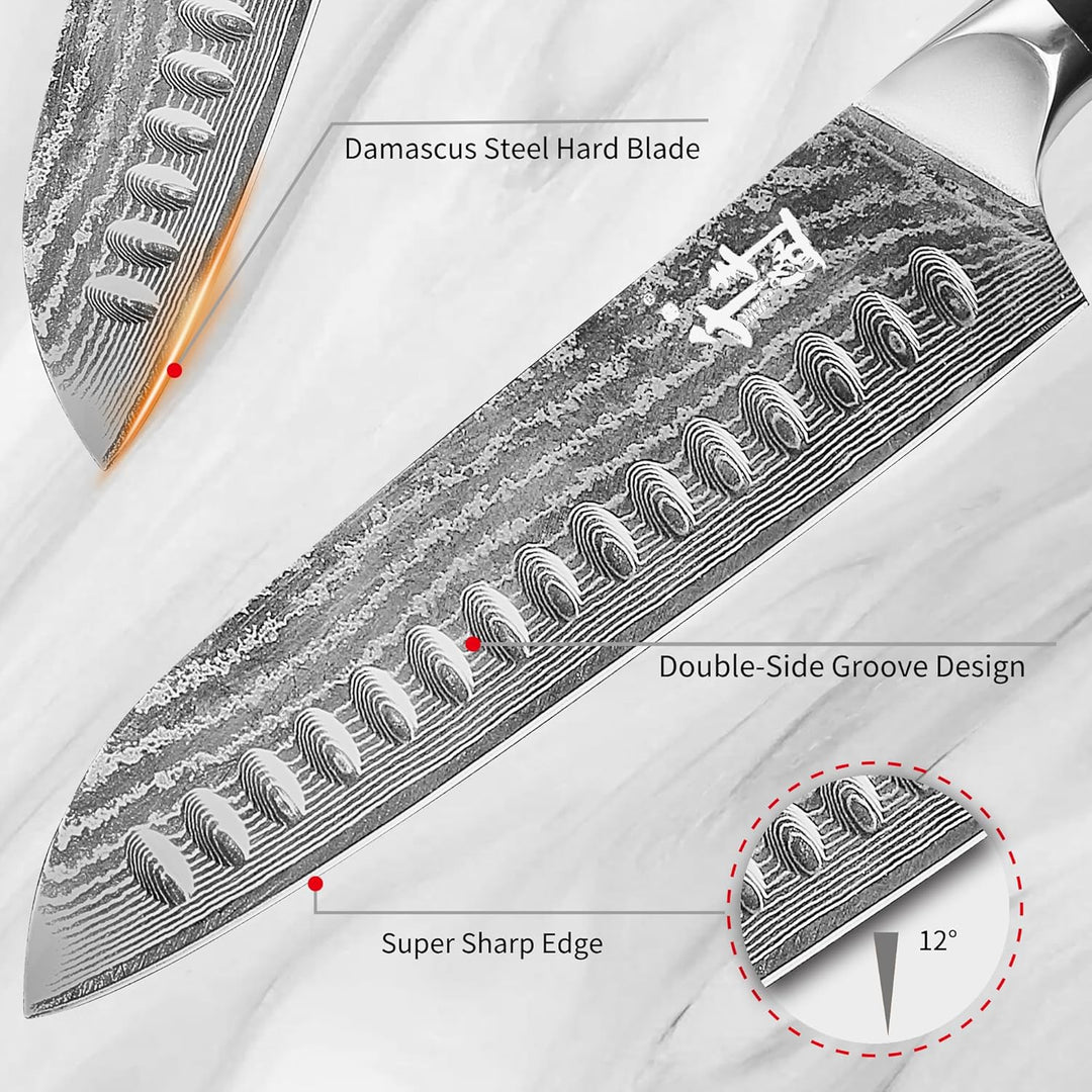 QIANFENGSHENG Damaszener Santokumesser 18 cm, professionelles Küchenmesser mit Holzgriff, Kochmesser
