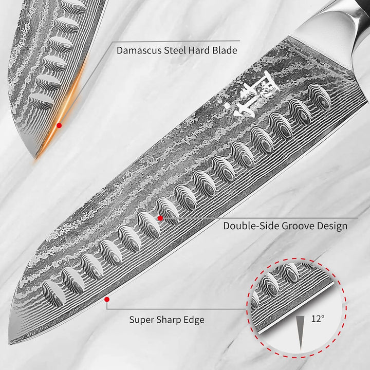 QIANFENGSHENG Damaszener Santokumesser 18 cm, professionelles Küchenmesser mit Holzgriff, Kochmesser