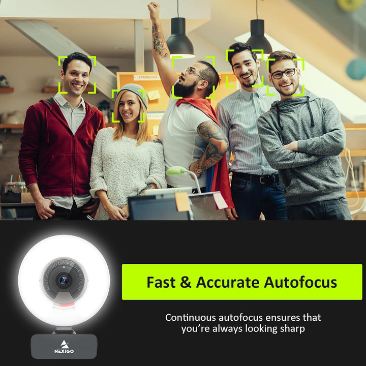 NexiGo N960E 60FPS Autofokus 1080P Webcam mit 2 Stereo Mikrofon, Ringlicht und Abdeckung, USB Kamera