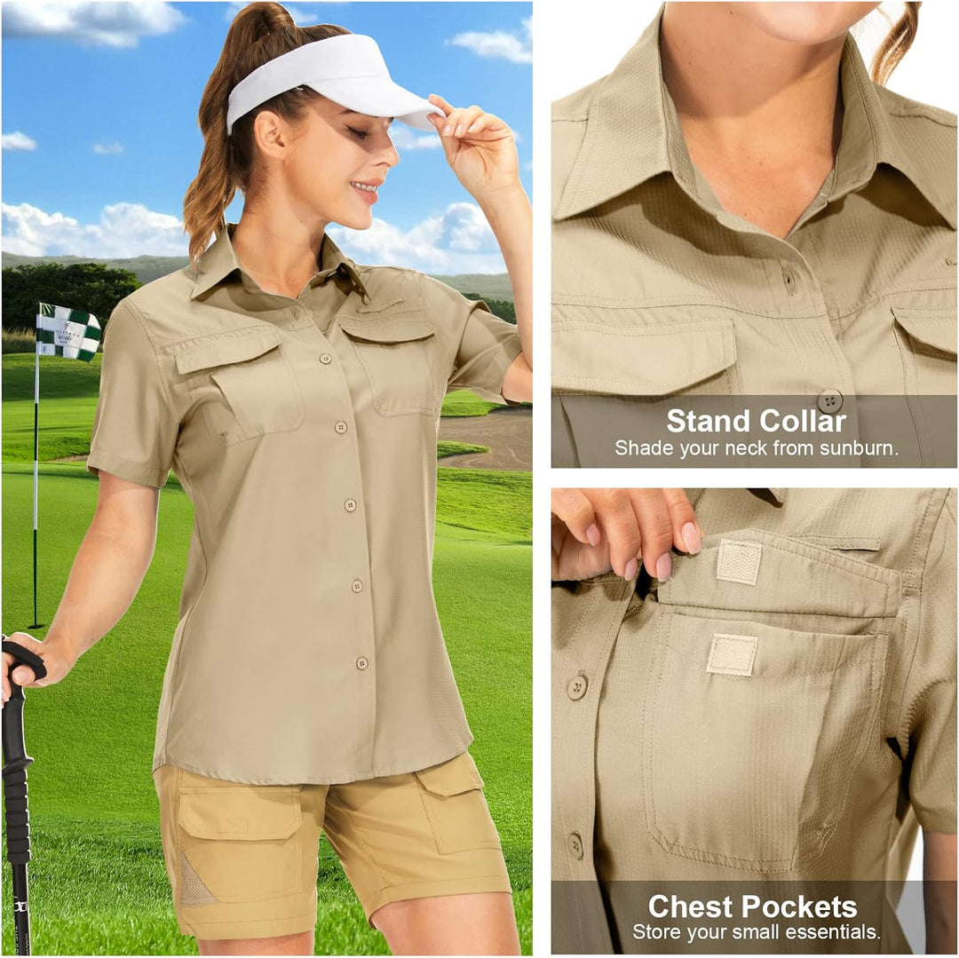 yeyity Hemdbluse Damen Kurzarm UV Schutz Wander Shirt Damen Atmungsaktiv Safari Hemd Schnelltrocknen
